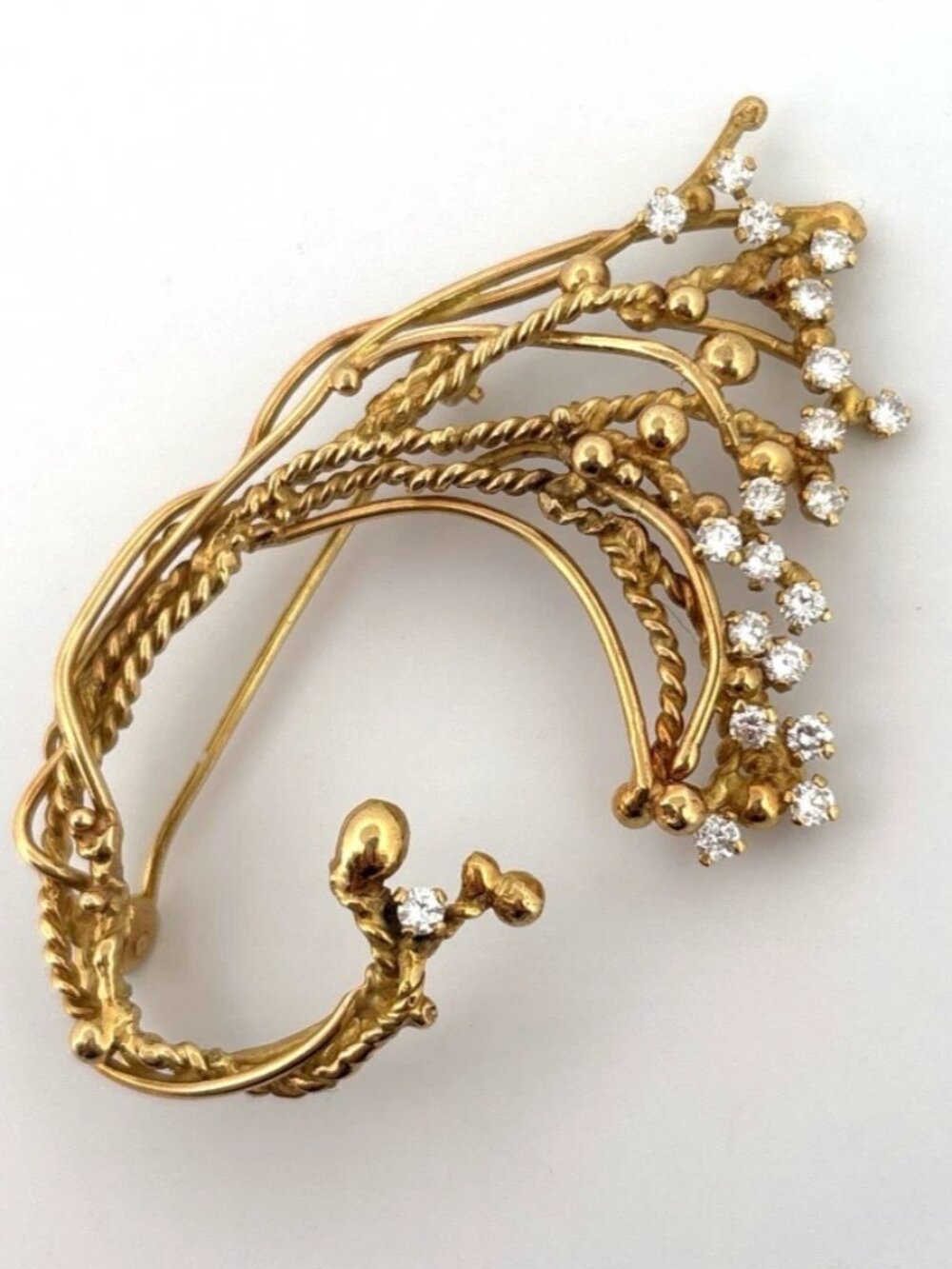 Custom 18K Yellow Gold Diamond Vine Brooch 1.00 ctw Natural Diamonds 15.89g
